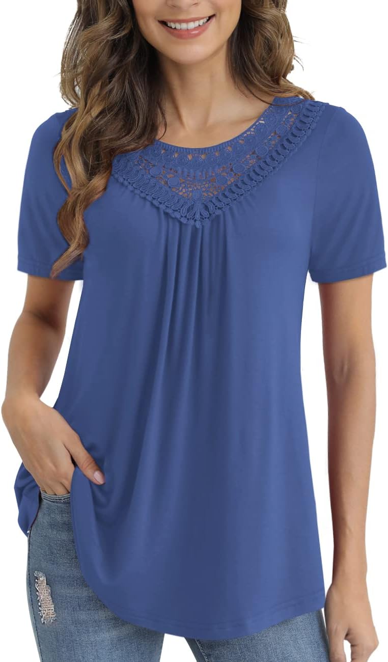 a.Jesdani Women's Plus Size Summer Tops Short Sleeve Lace Pleated Blouses Tunic Tops M-4XL