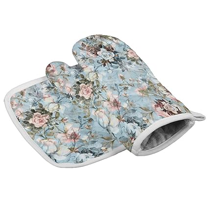 Flower Insulation Gloves and Pot Holders Polyester Heavy Duty Cooking Gloves for Cooking Baking Grilling Pot Holders Sets 2 PCS Classical Art Oil Painting Textured Flowers