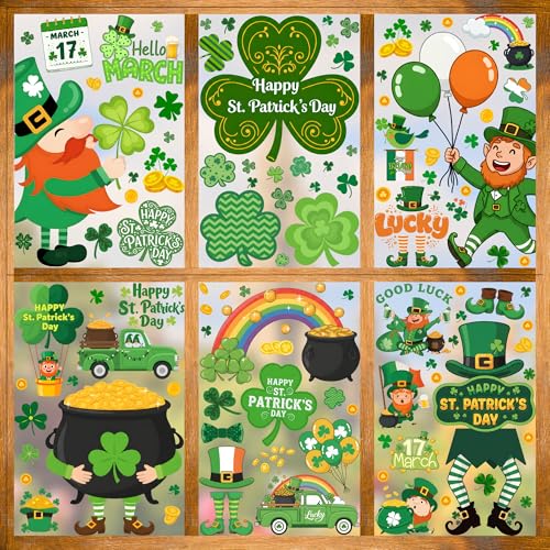 St Patricks Day Window Clings Stickers | 200Pcs St Patricks Clings Party Decorations Shamrock Rainbow Clovers Irish Holiday Craft Window Decal Indoor Outdoor Accessories Party Supplies Dcor-8Sheets