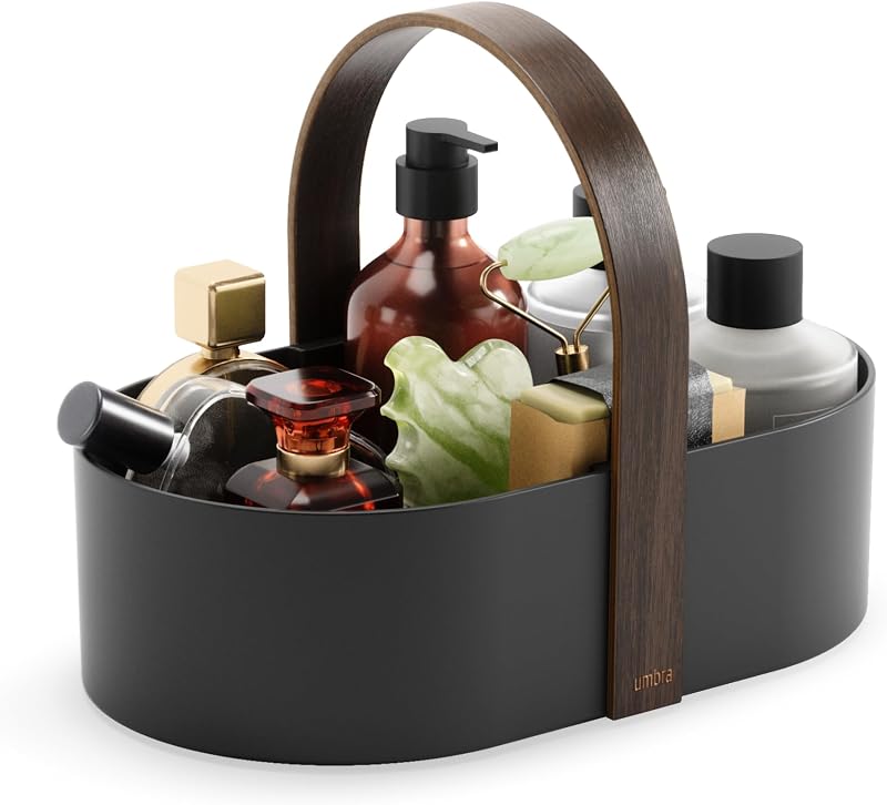 Organizador de cosméticos Umbra Bellwood com alça de madeira, pequeno, Black/Walnut