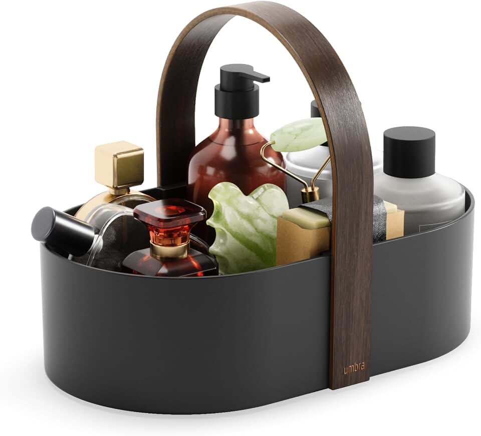 Bellwood Caddy, Organizer Bin for Makeup and Cosmetics, Durable Lightweight Container with Wooden Handle and Removable Dividers, S