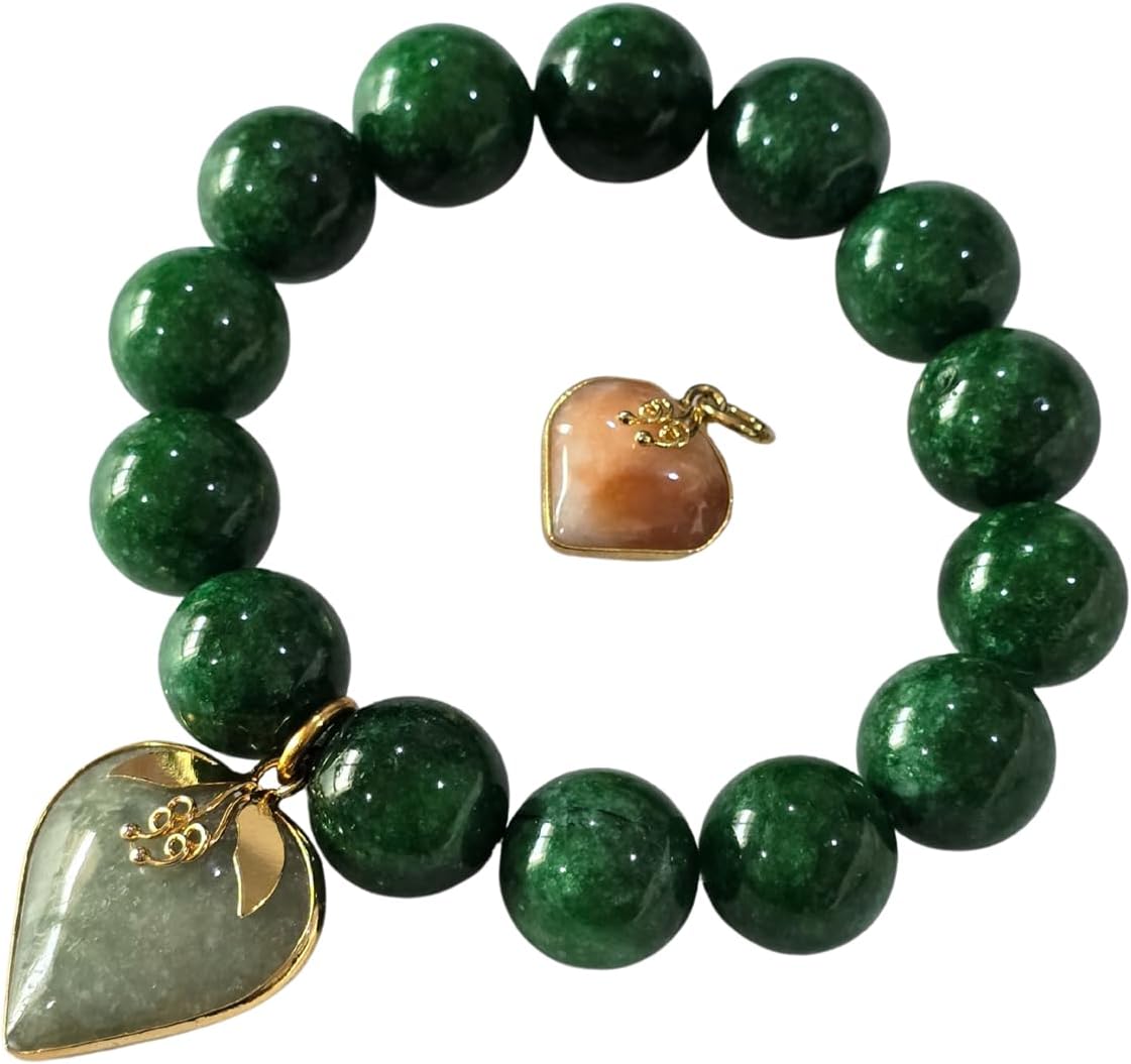 Premium 14.00 mm Natural Green Jade Bead Bracelet with Heart & Honey Jade Pendants – Feng Shui Love & Healing Energy Jewelry for Women.