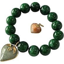 Premium 14.00 mm Natural Green Jade Bead Bracelet with Heart & Honey Jade Pendants Feng Shui Love & Healing Energy Jewelry for Women.