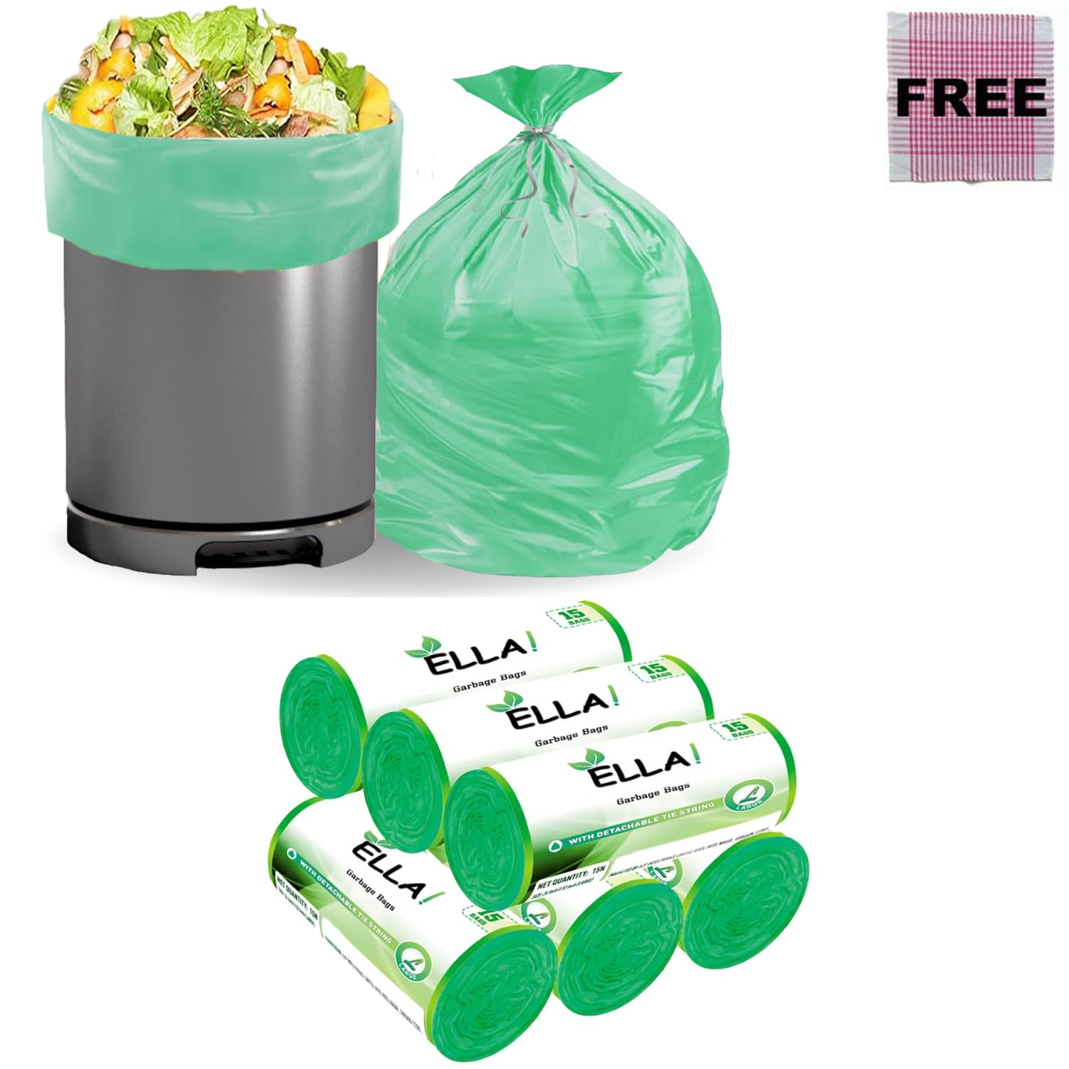 Ella Garbage Bags 24x32 Inches (Large) 90 Bags (6 Rolls) Leak Proof & Tear Resistant Trash Bags for Kitchen Home & Commercial Use -Dustbin Bags For Dry & Wet Waste With Free Check Duster Cloth - Green