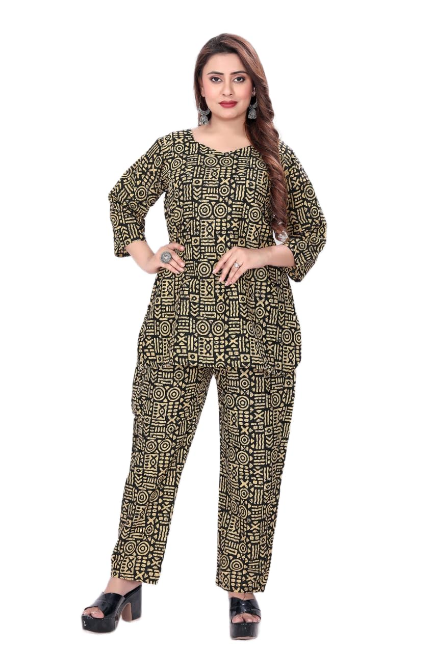 Women's Ethnic Printed Co-ord Set, Black and Beige, 3/4 Sleeve Top with Pants-picture-20