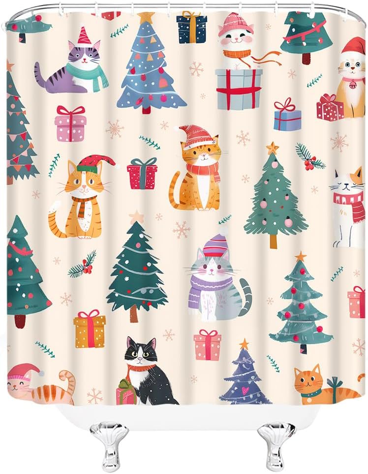 Christmas Cat Shower Curtain Cute Cartoon Kitten with Xmas Hat Pine Tree Winter Snowflake Star Lovely Animal Pets Lover Happy New Year Fabric Bathroom Decor Curtains with Hooks,70 x 80