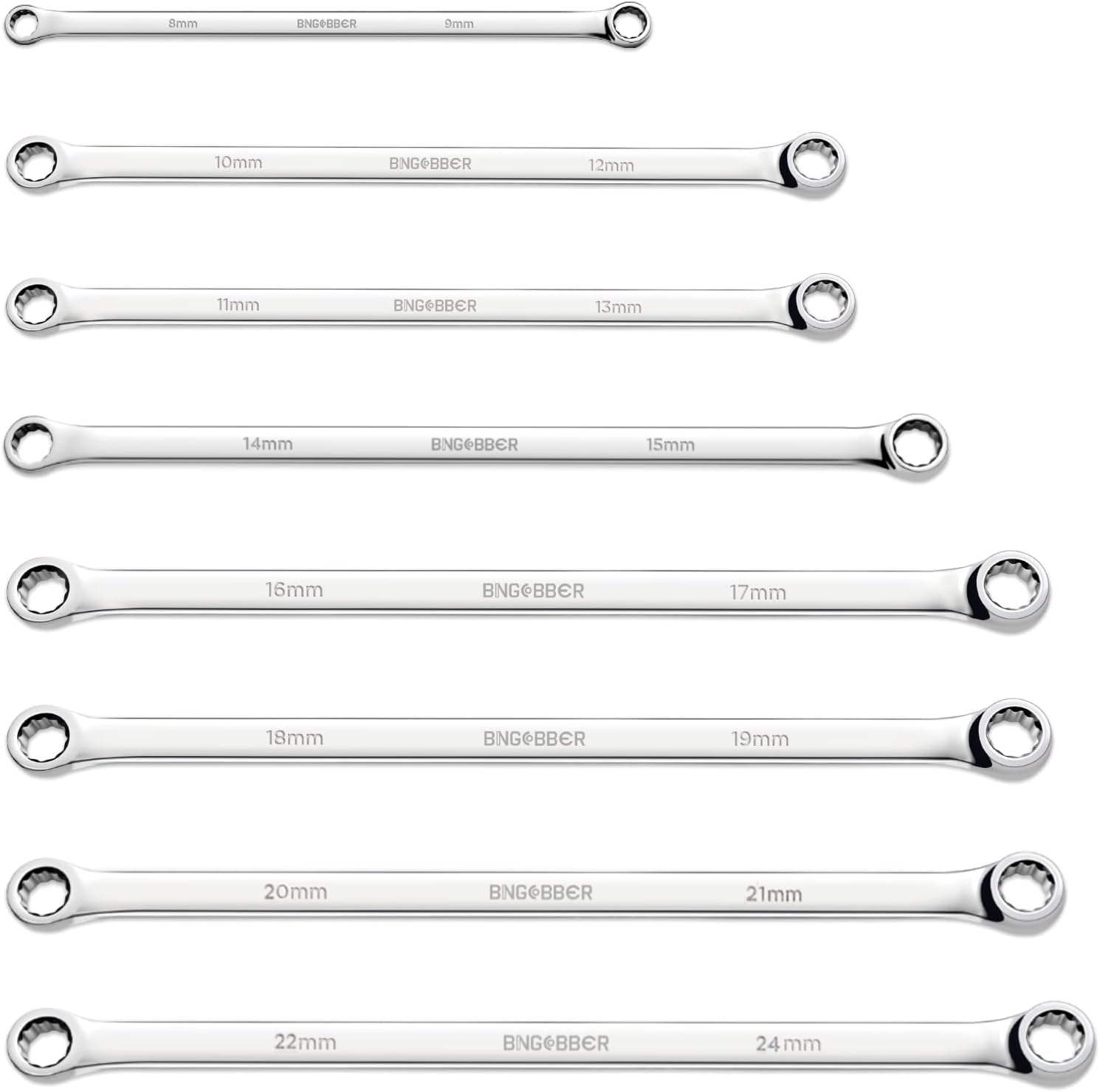 Set di 8 chiavi a doppio occhio miste, chiave poligonale extra lunga 8-24 mm