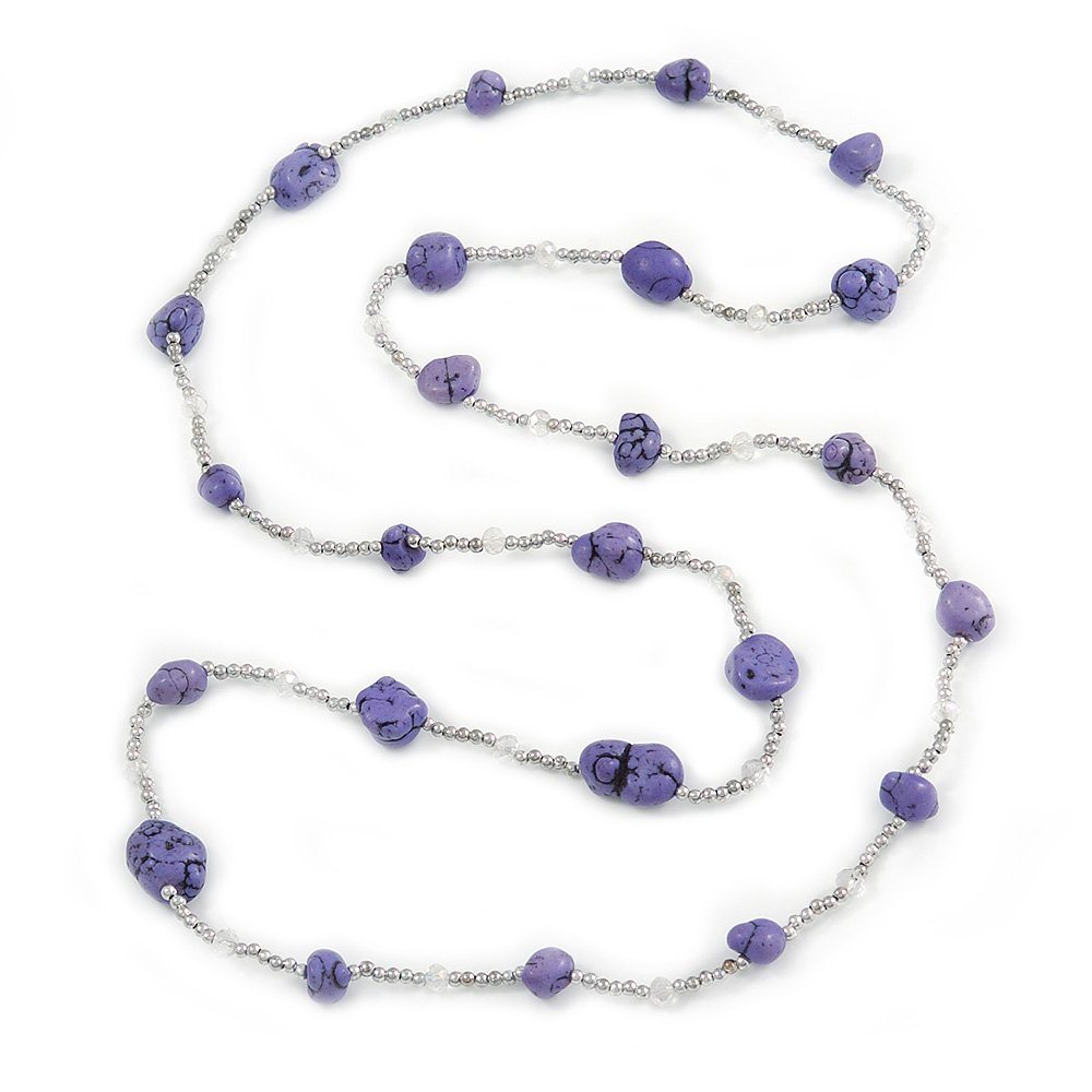 Collana Lunga Avalaya 70 Cm – Perline Acriliche E Legno Lilla E Argento – N05846