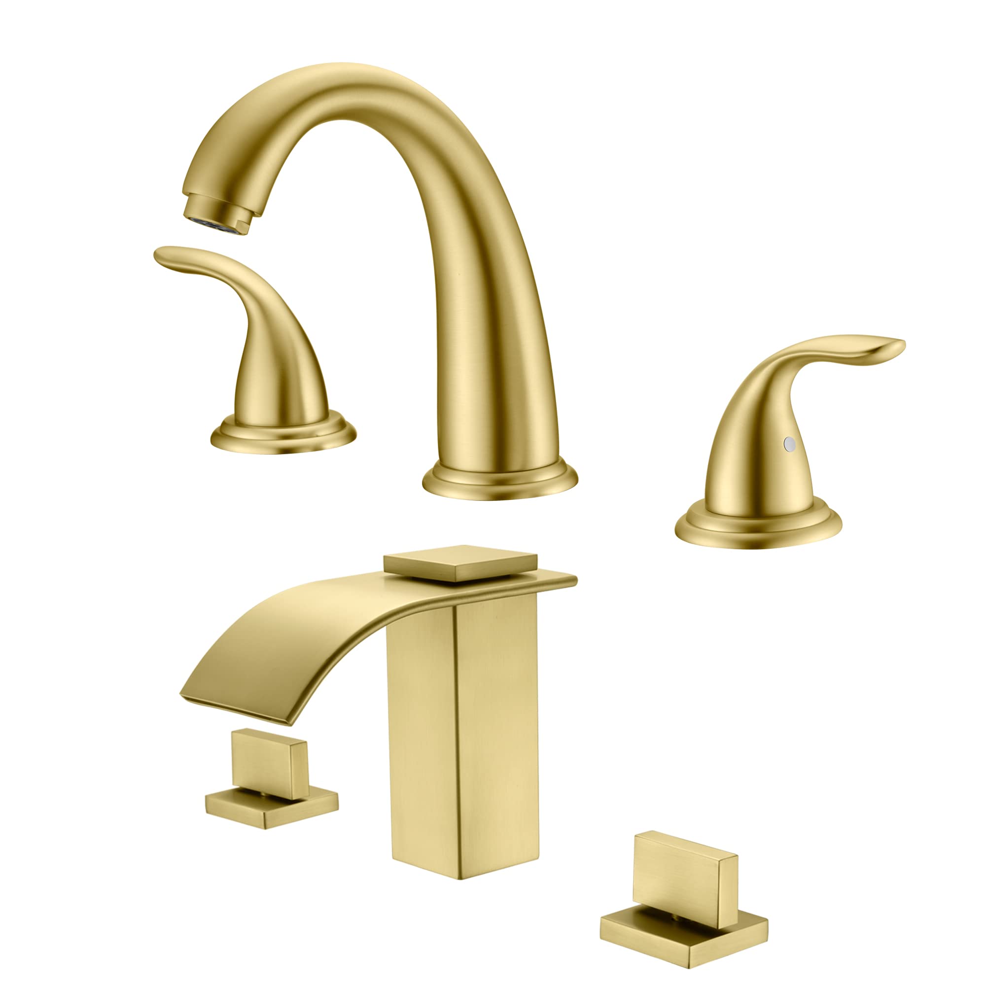 Hcfyauis Gold 3 Hole Roman Tub Faucet S2142bgs + Waterfall 8 Inch Widespread Bathroom Sink Faucet S1408bgw