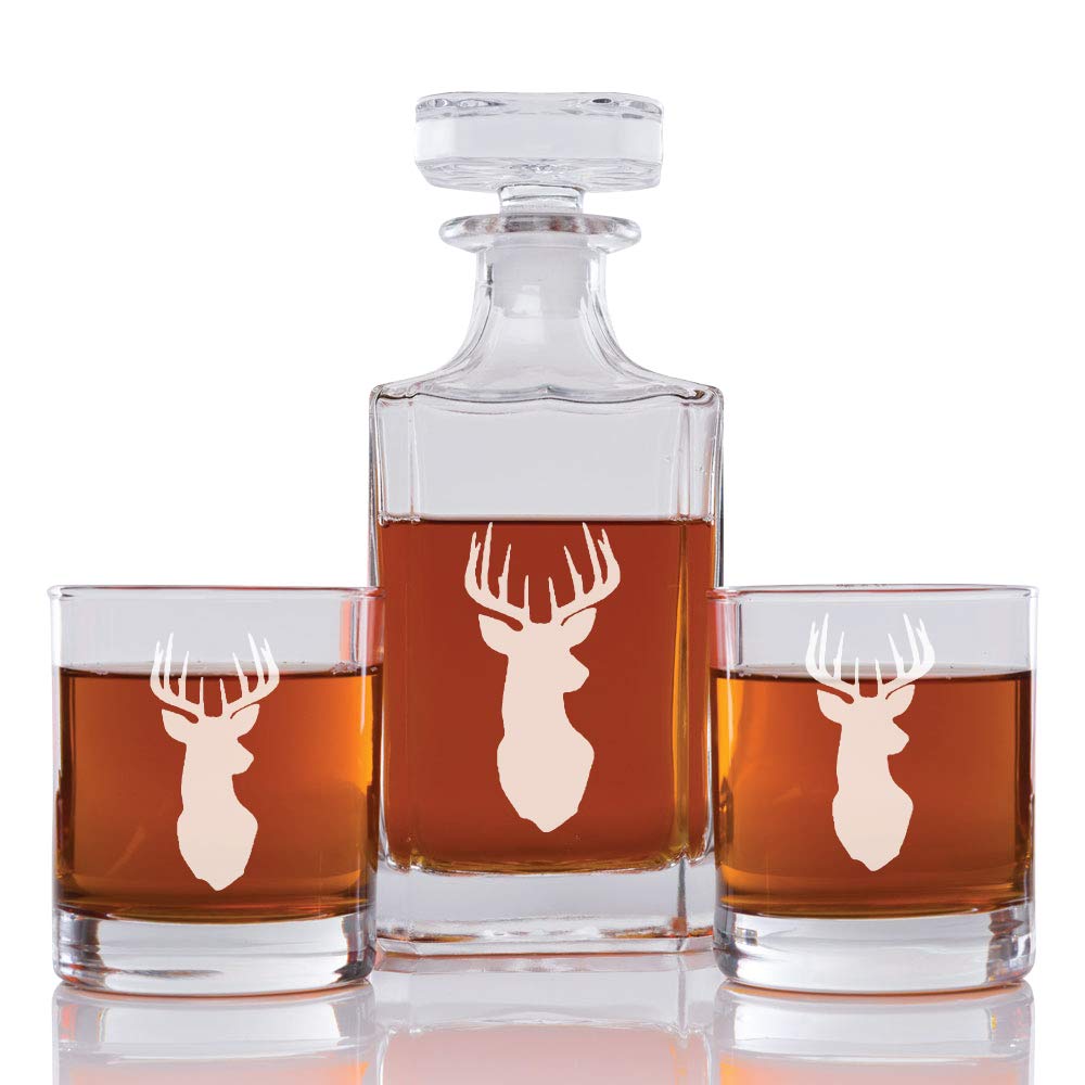 Antler Engraved Decanter and Rock Glasses, Set of 3 L8