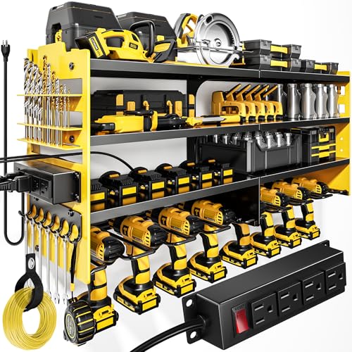 Image of POKIPO Large Power Tool Organizer Wall Mount with Charging Station,4 Layer Heavy Duty Metal Storage Rack Loads 600lbs with 8 Cordless Drill Holder,Battery Utility Rack Gift for Garage workshops Room