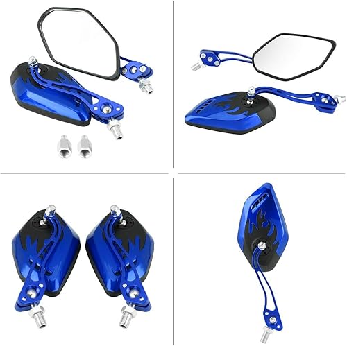 Miniatura 5 de Espejo retrovisor, 1 par de espejos retrovisores laterales con patrón de llama de aluminio para motocicleta universal M8M10 (azul)