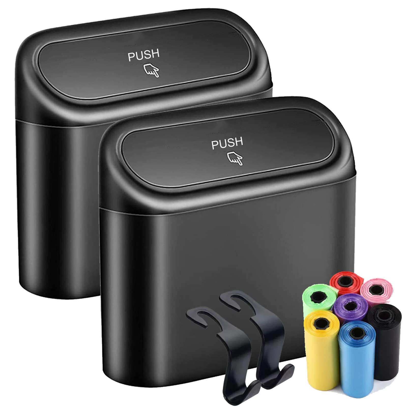 Angelice Home2PCS Car Trash Bin Can with 105PCS Trash Bags and 2PCS Car Seat Hooks, Hanging Mini Vehicle Trash Bin, Car Dustbin Garbage Organizer Container