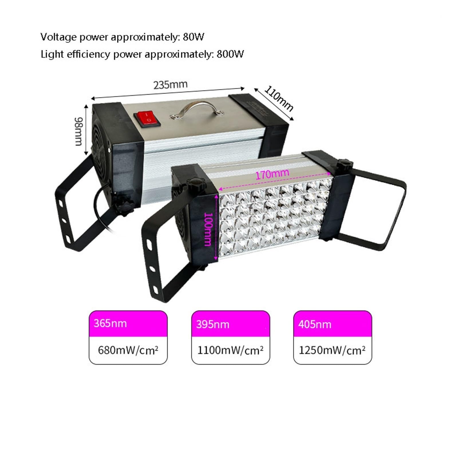 lámpara de curado UV, Lámpara De Curado Resina LED UV 405nm, Luz Ultravioleta 365nm Y 395nm, Pegamento Soldadura PCB, Barniz Inyección Tinta, Pintura Pantalla(800W,365nm)