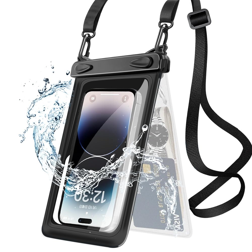 防水ケース スマホ 海【2025強化版＆ダブルポケット設計】アイホン 水中撮影 完全防水 IPX8認定 SGS国際認証 すまほ ダブルパック ぼうすい 小物収納 保護密封 携帯ケース 全面クリア カバー 透明 タッチ快適 最大7.5インチ対応 通話 小物管理 風呂 海 プール 釣り 雨 潜水 水泳 雪 温泉など適用 (ブラック)