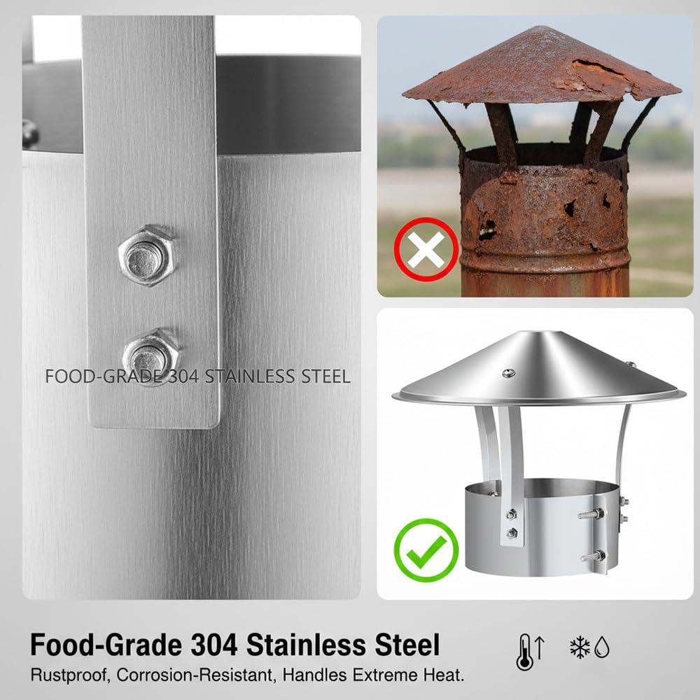 Sombreros para Chimeneas, Tapa de Chimenea de lluvia Acero Inoxidable 304, a Prueba de Viento y Lluvia, Sombrerete Chimenea para Tubos de Estufa(200mm)