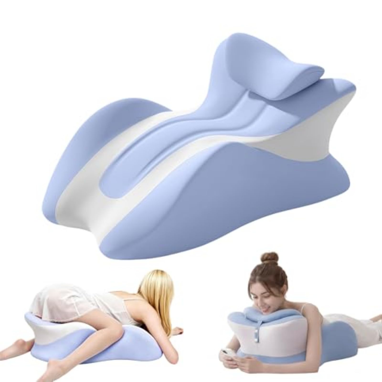 Cojín De Contorno Ventral con Espuma Viscoelástica, Almohada De Cama con Soporte De Cuello Extraíble, para Ver Videos, Leer, Jugar Y Elevar Las Piernas, Tamaño para Espalda,Azul