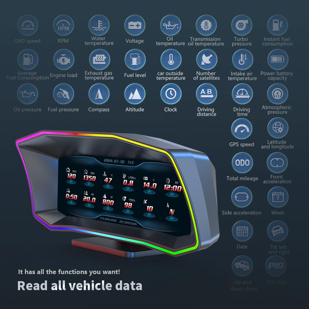 KAOLALI Heads Up Display Auto, Sistema Duale OBD2 e GPS, 6.2 Pollici, Unità MPH e KM/H Modificabili, Temperatura del Olio, Bussola, Avvisi Intelligenti per la Majoranza dei Veicoli Successivi al 2008