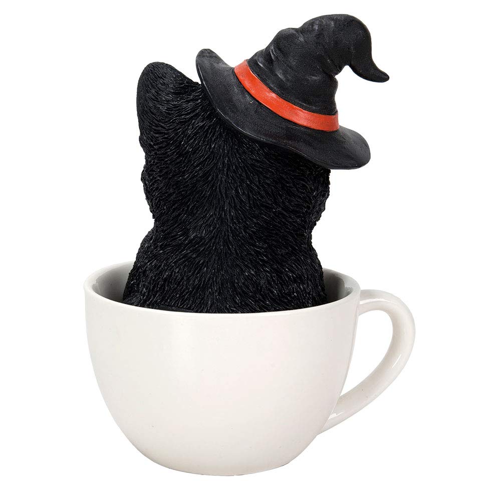 Pacific Giftware Schwarze Hexen Katze in Tasse 16 cm - Figur Deko Statue Halloween Kitty Hexenhut