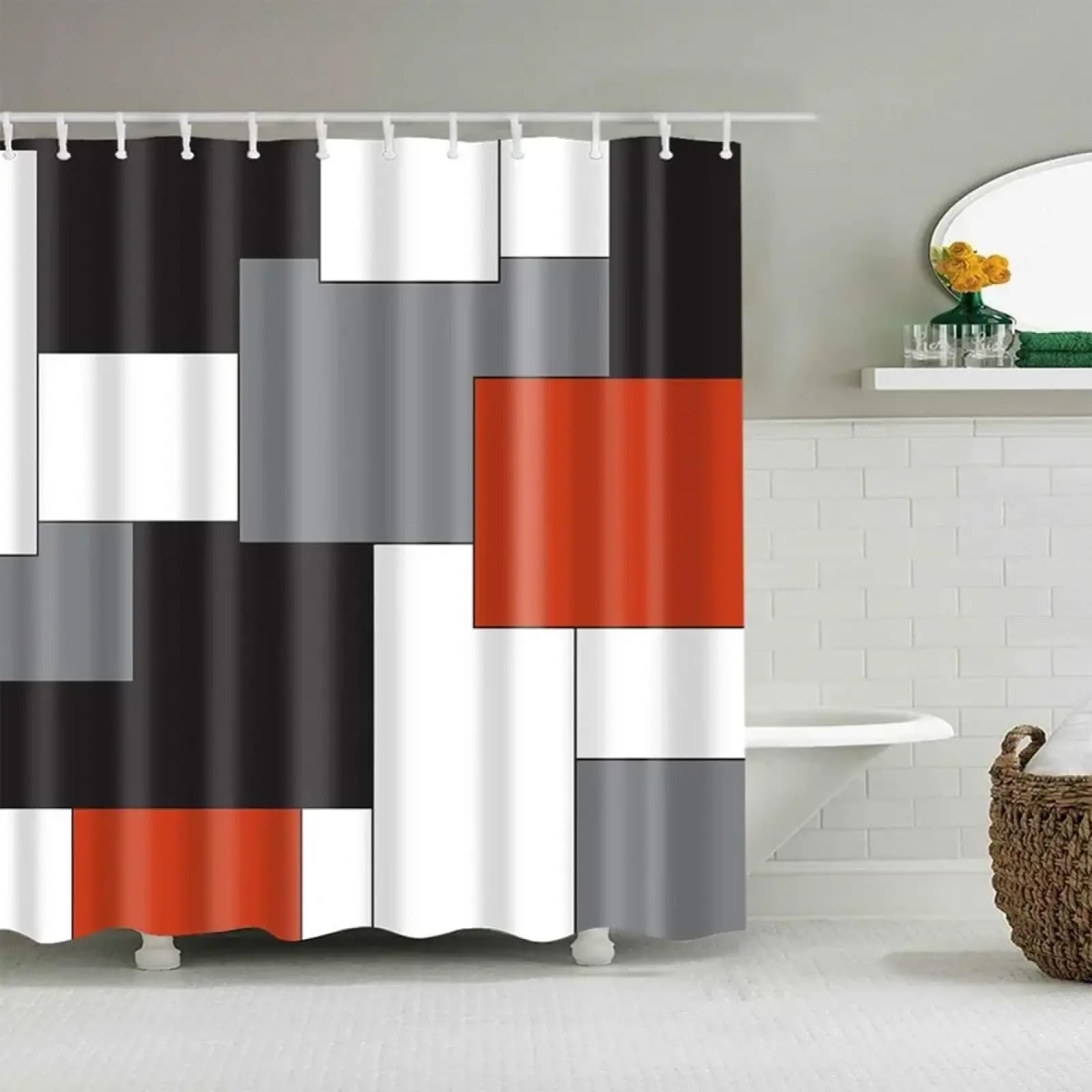 Rideau de douche à carreaux noir rouge gris en polyester 165x183 cm