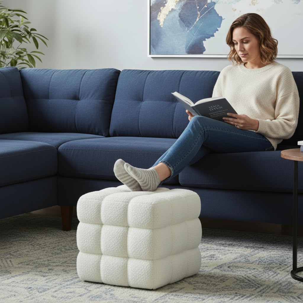 White Square Ottoman 17''3 Cube Pouf Installed,no Vacuum,Sturdy Wooden Frame,Capacity 330 lbs,Modern Sofa Stool Fuzzy Sherpa Footstool,Foot Rest,Cube Boucle,Vanity Stool,for Couch Living Room Square White