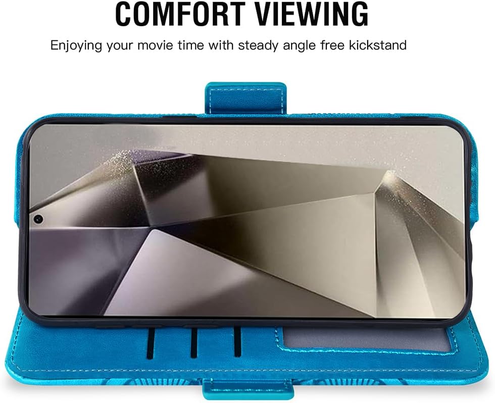 Asuwish Phone Case for Samsung Galaxy S25 Ultra 5G Wallet Cover with Tempered Glass Screen Protector and Flower Flip Credit Card Holder Stand Cell Accessories S25Ultra 25S S 25 25Ultra Women Men Blue - Image 3