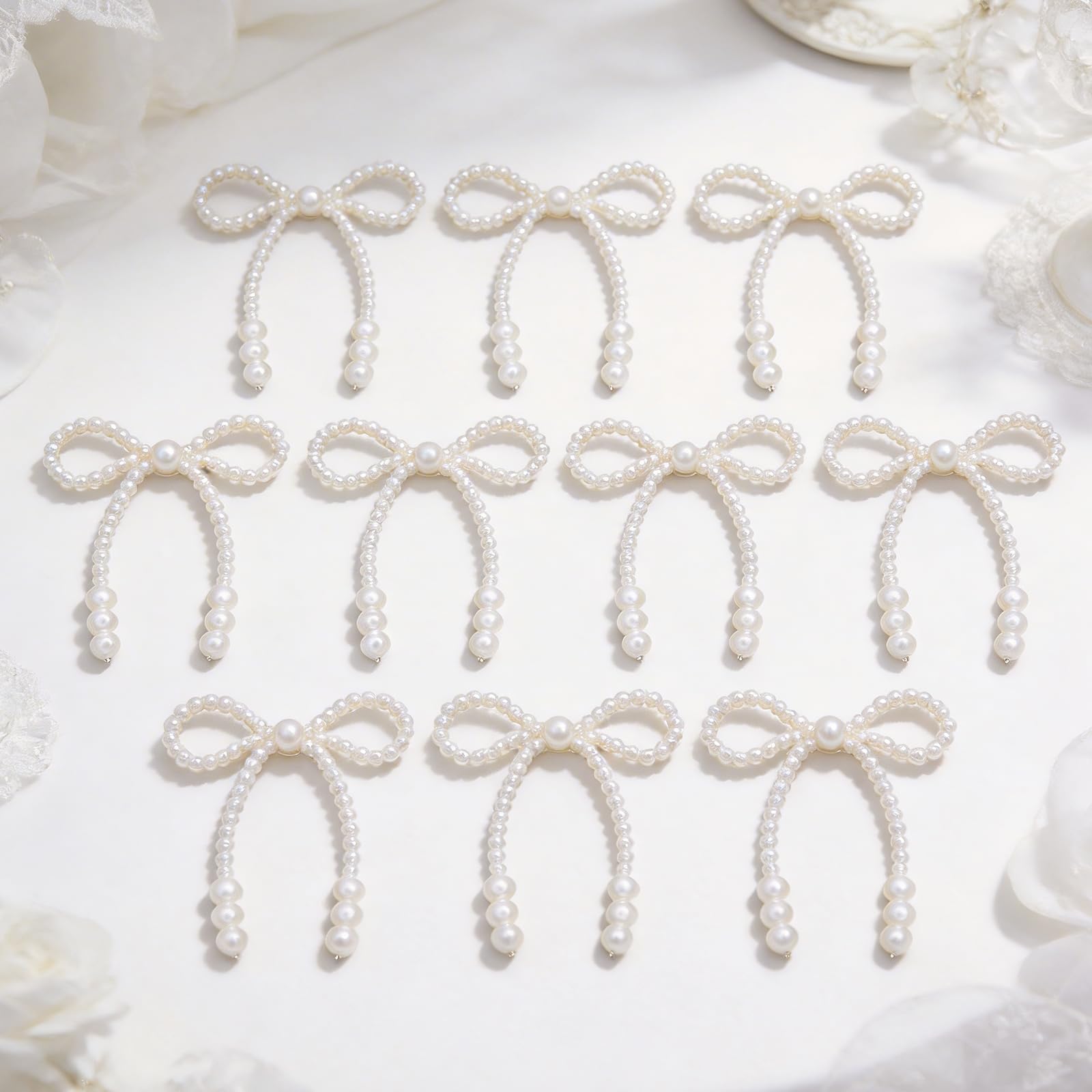 10 Pack Pearl Cake Bows Decorations - Elegant White Plastic Cake Toppers for Birthday Decor (10cm Wide)