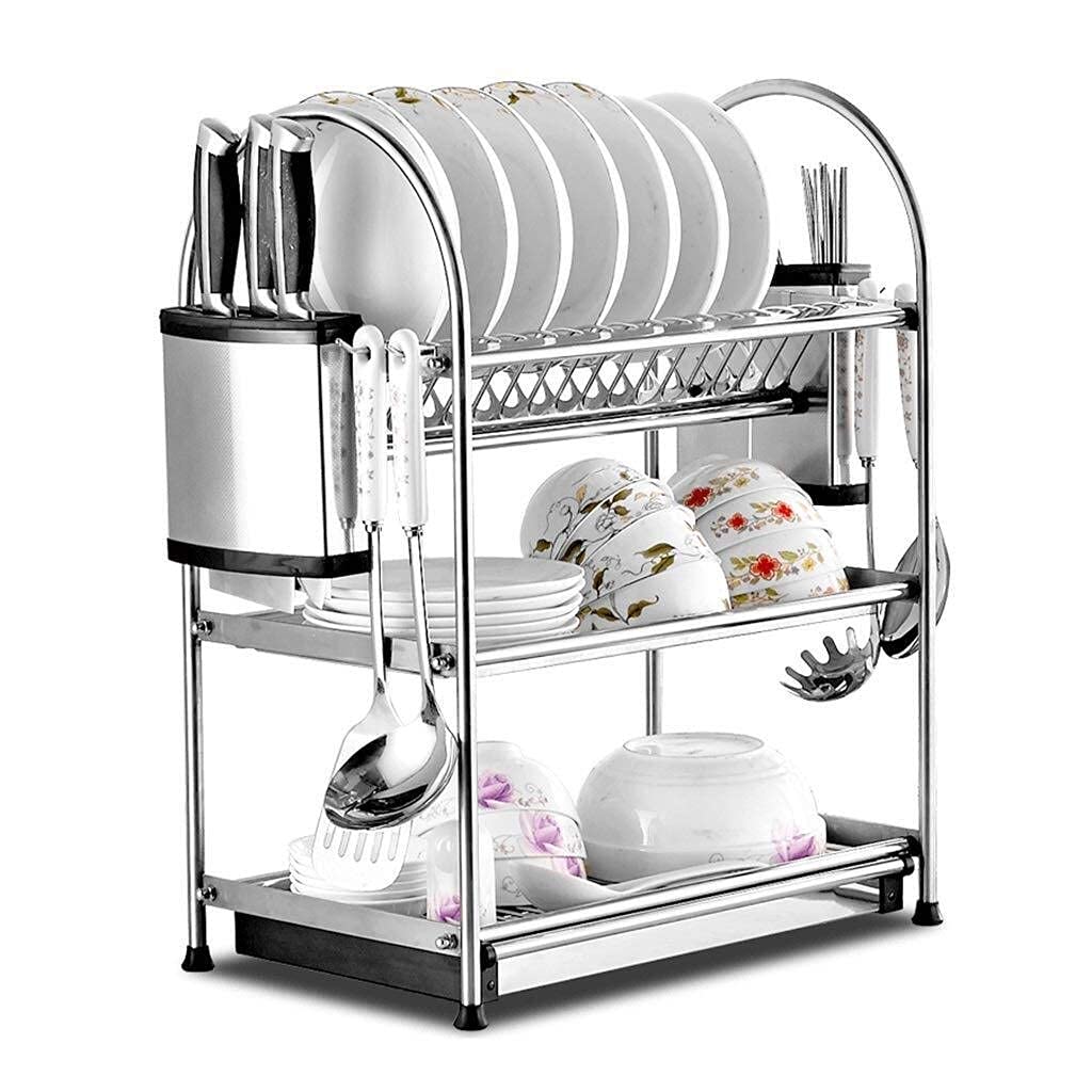 SBTXHJWCGLD Rejilla para Platos Rejilla de Goteo de Cocina Rejilla de Secado/Rejilla de Drenaje de Acero Inoxidable multifunción de 3 Capas Rejilla de Almacenamiento de Cubiertos, con bandej