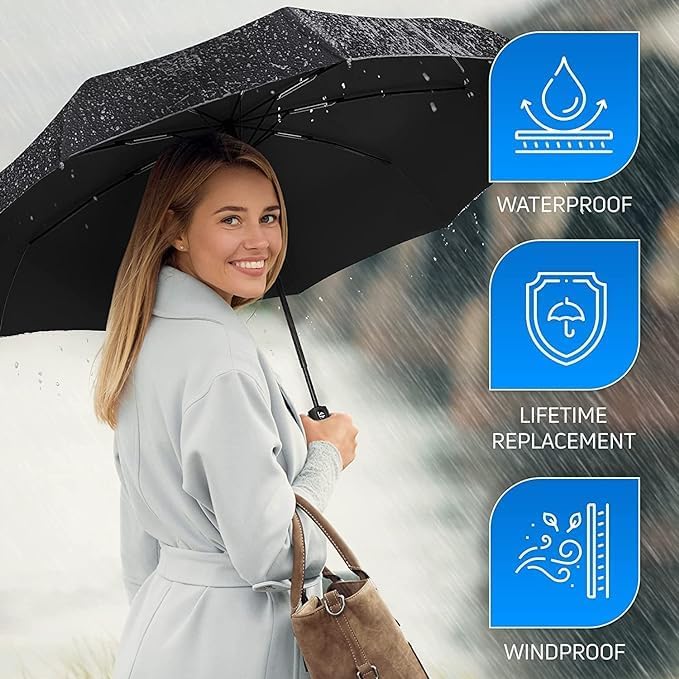 Cloudsell Rain Umbrella, UV Big Size Umbrella for Sun Protection Rain Windproof Strong large 3 fold for men women kids boys girls Perfect small & stylish Folding Auto Open & Close umbrella (Black) 3