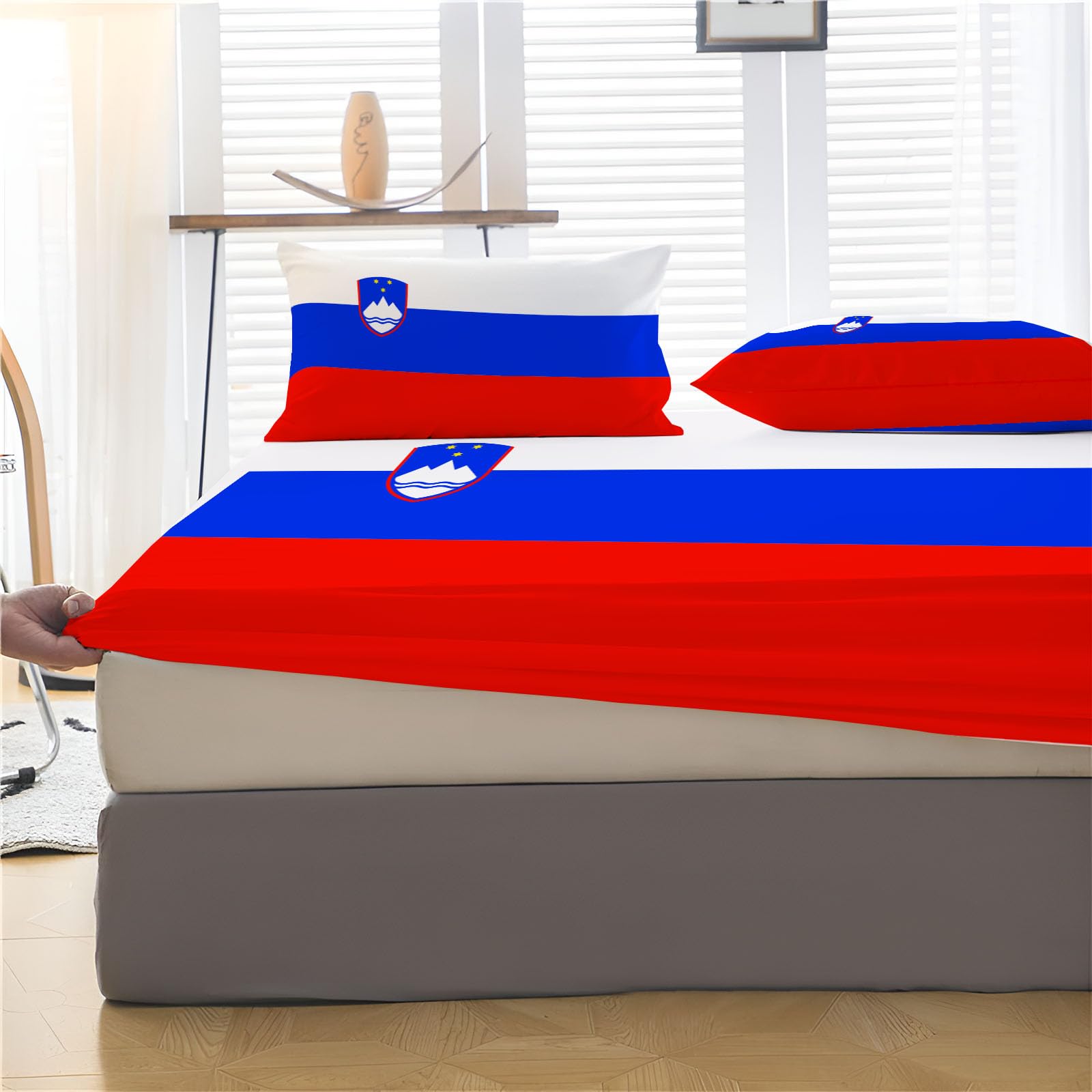 Sabana Bajera 150X190/200Cm Ajustable Bandera De Eslovenia Bajera Cama Niños, Profundidad De 30 Cm Sabanas Microfibre Suave Cómoda Azul Rojo, Geométrico Moderno Sabanas Bajeras Elástica