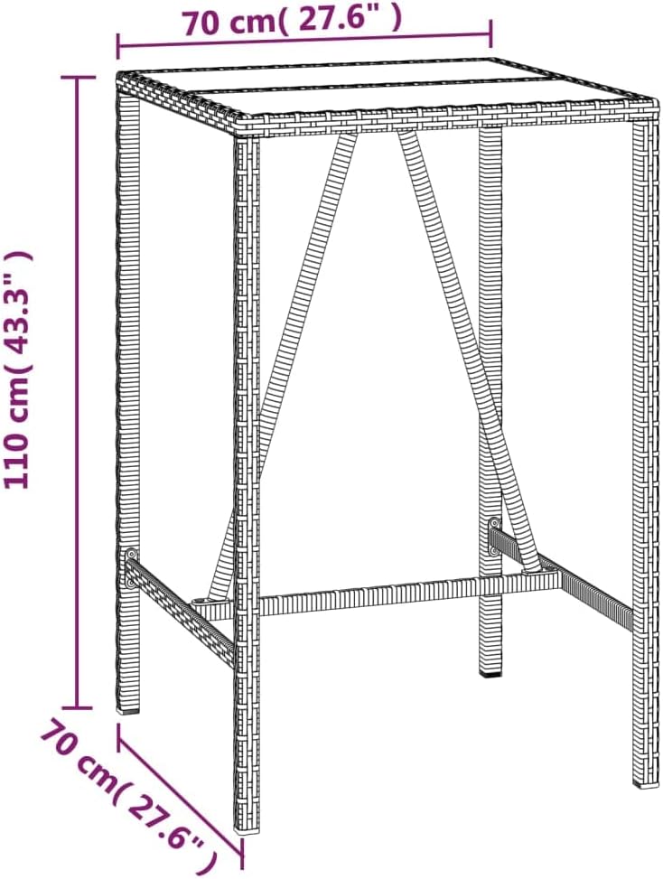 Bar Table with Glass Top Black Poly Rattan Modern Outdoor Dining Table 27.6 x 27.6 x 43.3 in Sturdy Outdoor Garden Table for Patio Balcony Use
