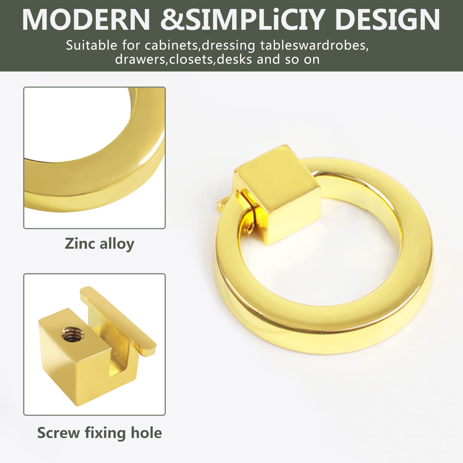 Rddconkit Modern Cabinet Drawer Pull Handle Dresser Wardrobe Cupboard Knob  Ring Pack of 4 (Gold)
