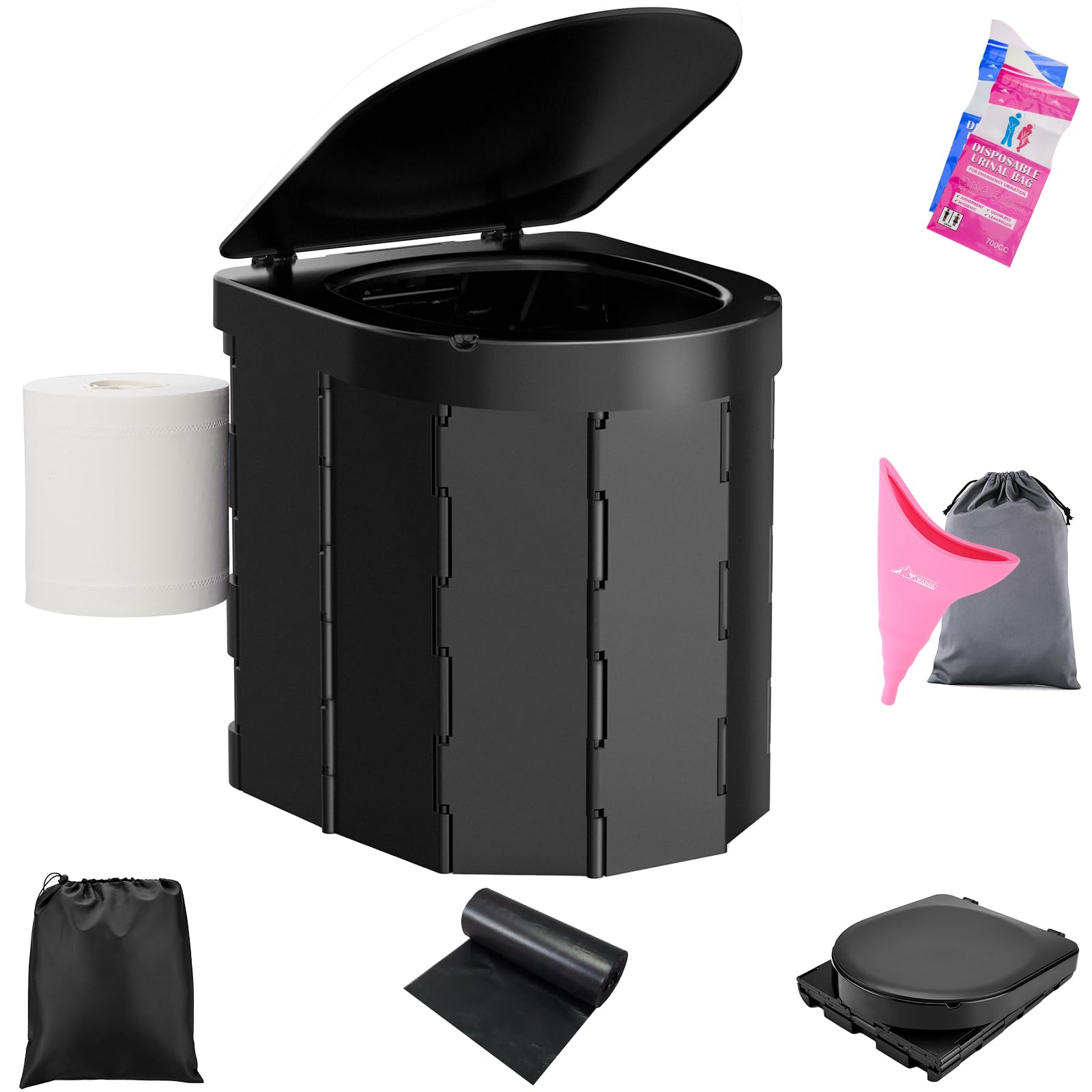 Portable Toilet for Camping, Porta Potty for Adults, Outdoor Folding Travel Toilet with Lid and Retractable Paper Holder, Includes Carry Bag, Female