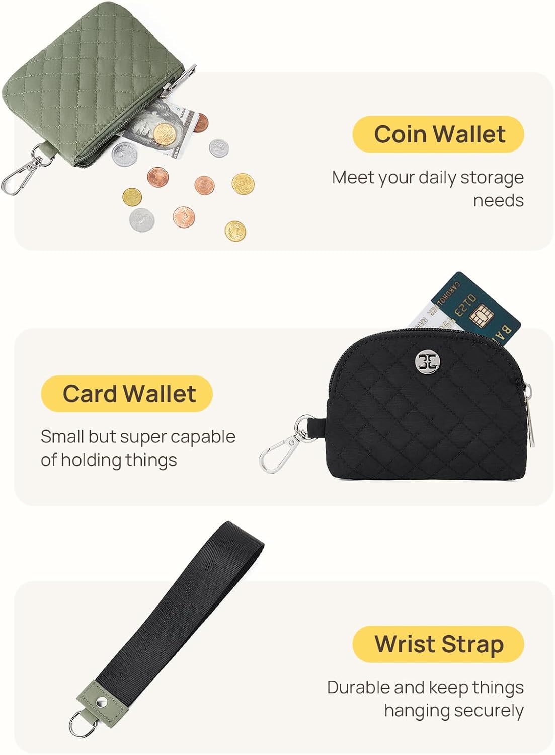 Telena Mini Zip Around Wristlet Wallets for Women Coin Purse Keychain Dual Pouch Wallet Green Black - Image 5