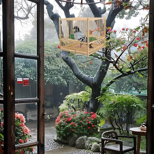 Image of Kisangel Bamboo Bird Cage Small Parrot Cage with Hanging Hook Indoor Outdoor Bird Keeping 9.84X7.87X9.84 Inches for Budgies Lovebirds Cockatiels