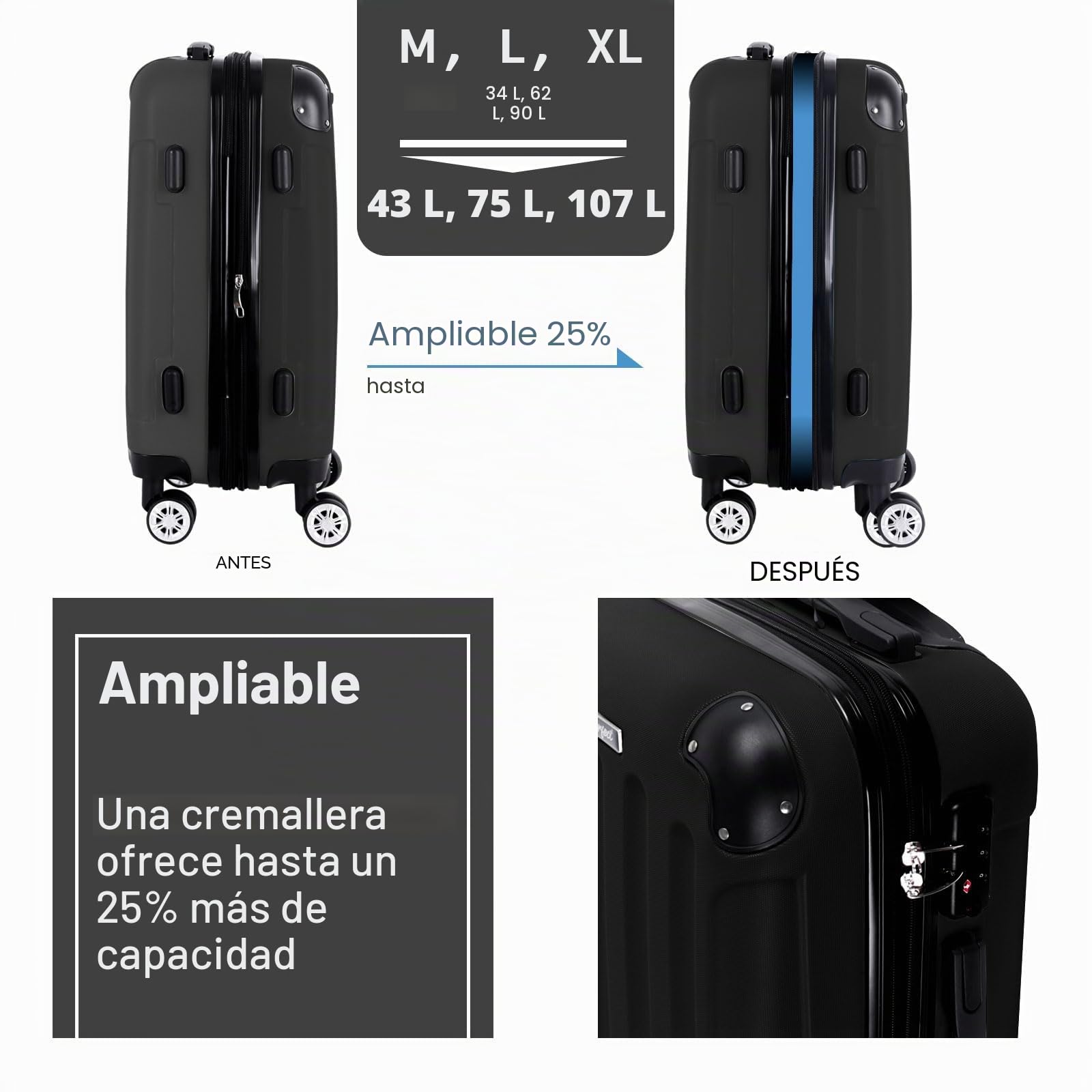 Juego de 3 maletas rígidas de ABS, cerradura TSA, capacidad ampliable - en M, L, XL - protección de esquinas, ruedas dobles giratorias 360° y asa telescópica, aptas para equipaje de mano y apilables