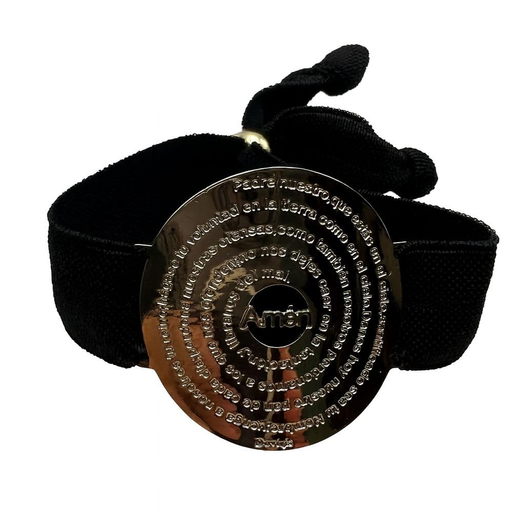 Genérico Pulsera Padre Nuestro, Medalla Dorada con Oración, Banda Elástica Negra