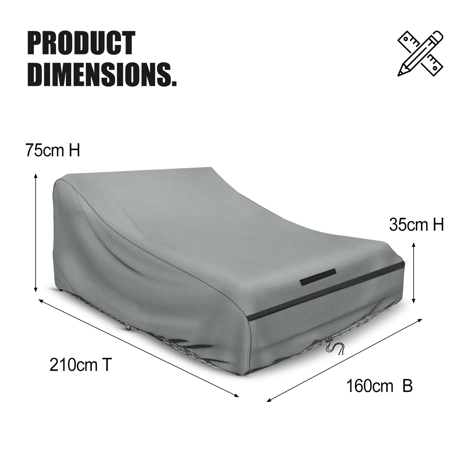 Schleuder Funda para tumbonas para 2 personas, 210x160x35/75 cm, cubierta 420D, doble tumbona al aire libre, impermeable, funda protectora resistente al viento, resistente a los rayos UV