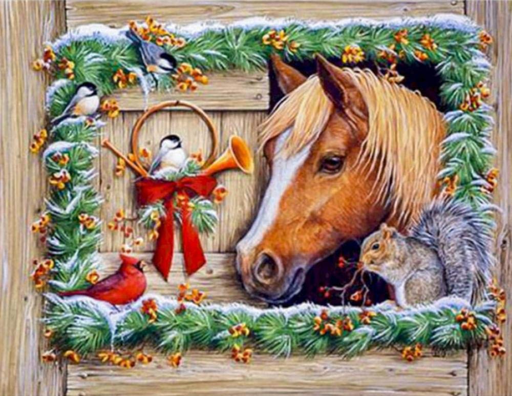 Peinture par numéro adulte cheval et écureuil kit créatif complet de toile 40x50cm sans cadre