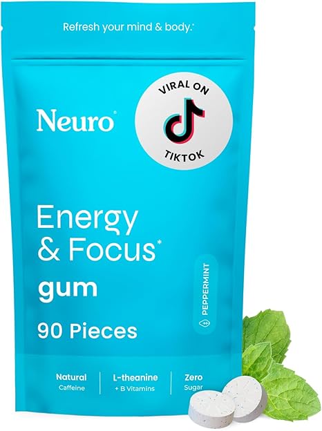 Neuro Energy & Focus Gum - 40mg Natural Caffeine Gum & Nootropic Energy Supplement with L-Theanine & B Vitamins - Sugar Free, Vegan - Peppermint, 90ct