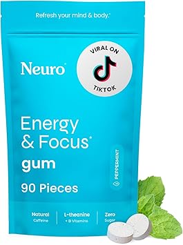 Neuro Energy & Focus Gum - 40mg Natural Caffeine Gum & Nootropic Energy Supplement with L-Theanine & B Vitamins - Sugar Free, Vegan - Peppermint, 90ct