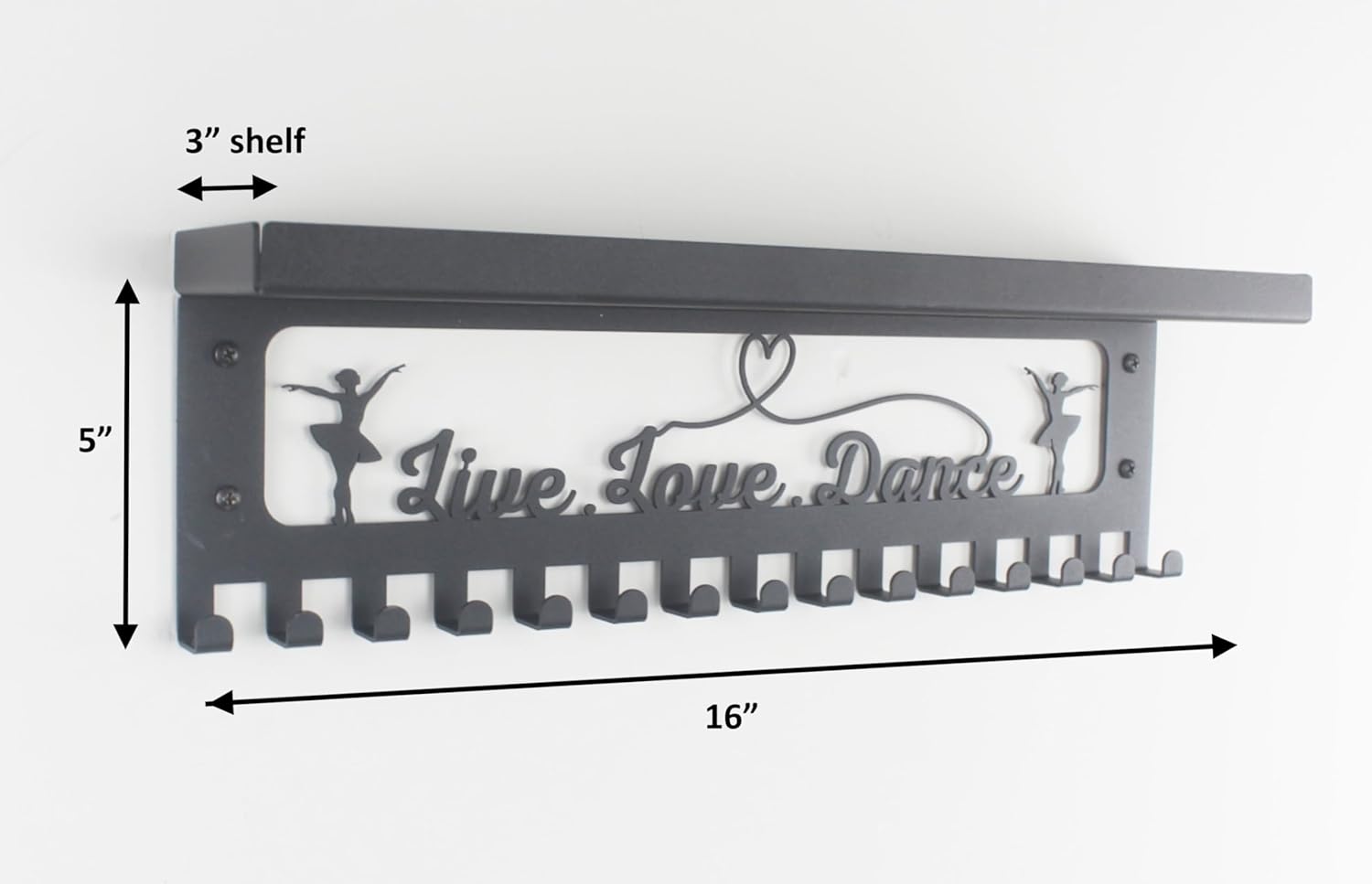 16" Premium Metal Wall Mount Dance Design Medal Hanger and Ribbon Display Holder Rack with 3" Trophy Shelf and Easy Hanging Hooks, Great Gift for Kids & Adults (Black)