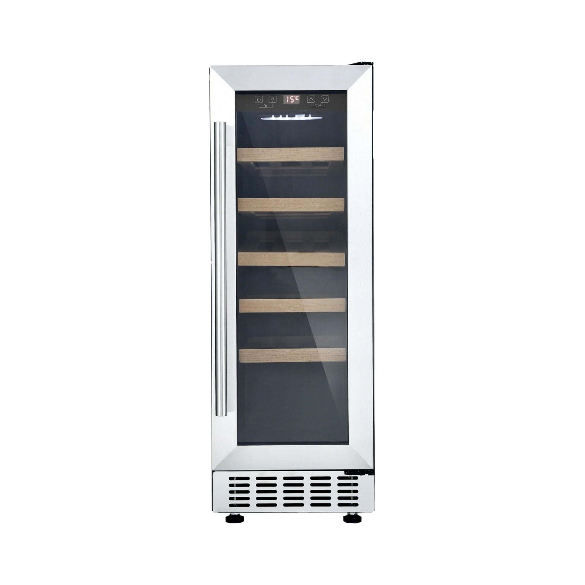 Cookology CWC300SS Freestanding Under Counter Fridge Cabinet 30cm Wine Cooler in Stainless Steel - 20 Bottle & 60 Litre Capacity - 5 Sliding Shelves - Digital Temperature Control - Reversible Door
