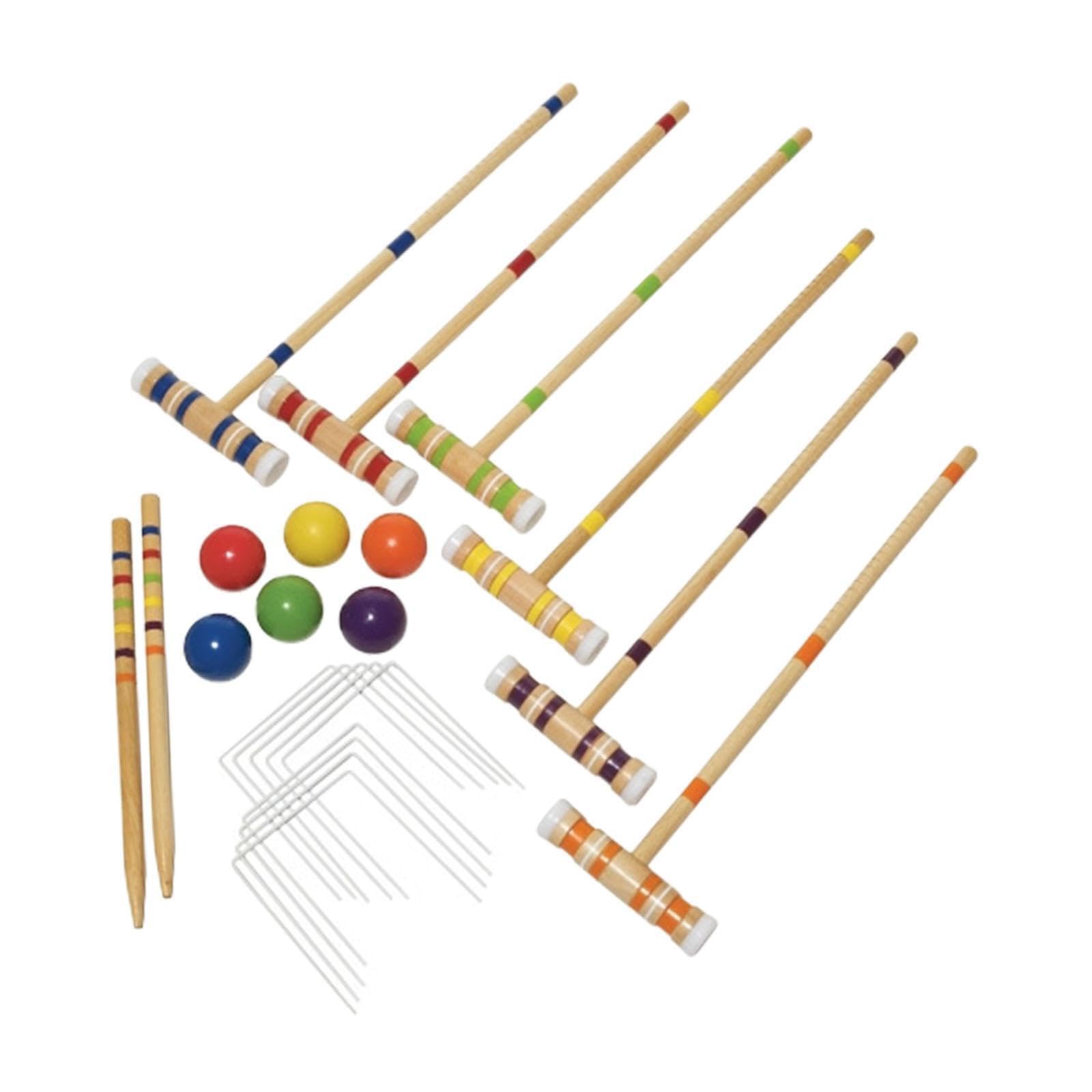 Outdoor Krocketset mit Holzschlägern und farbigen Kugeln für unterhaltsame Gruppenaktivitäten bei Gartenfesten oder Anderen besonderen Anlässen. Sportliches Outdoor