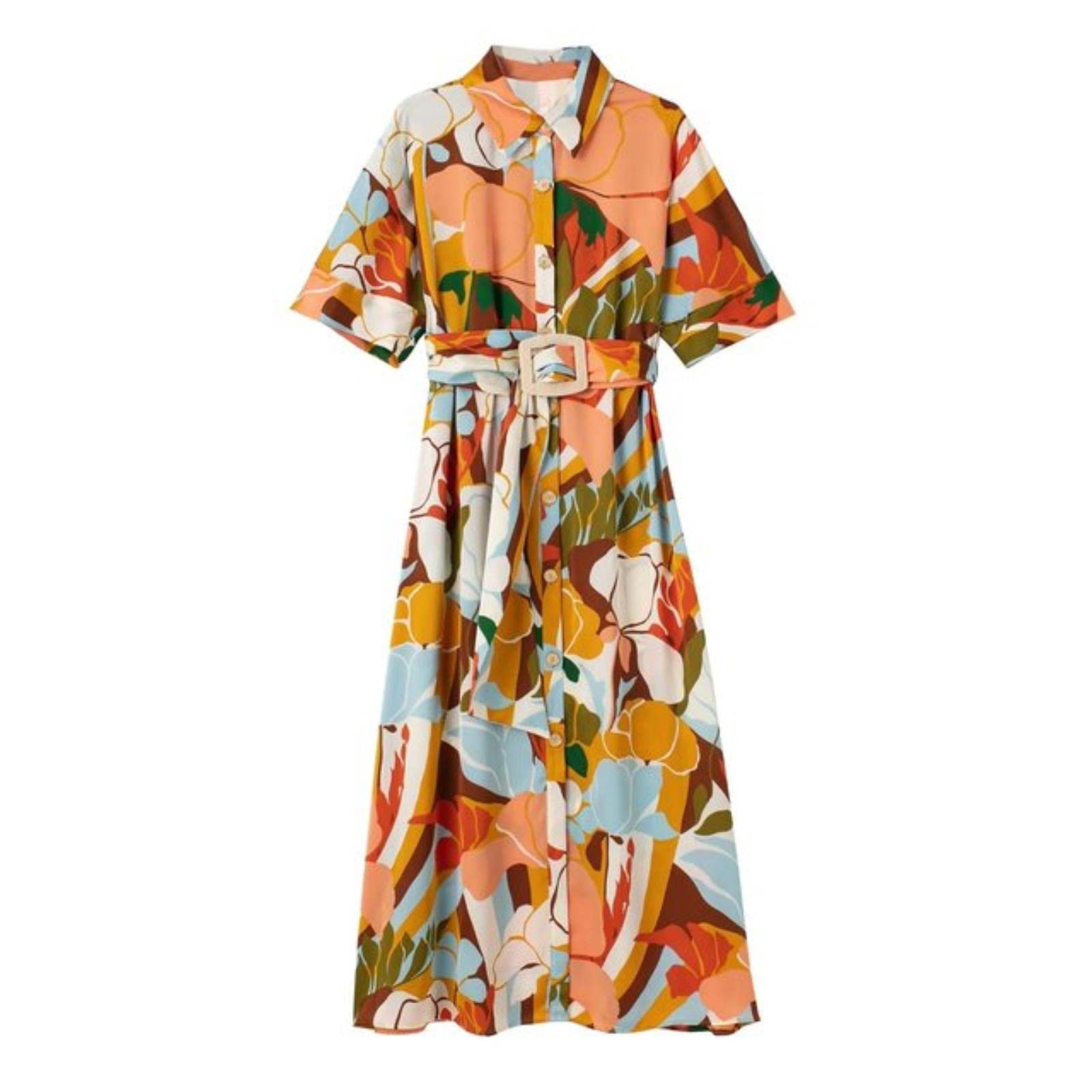 Vestido estampado de moda para mujer, vestido elegante de mujer, manga corta, cuello de solapa con cinturón, maxi bohemio, vestidos de verano para mujer, nueva bata