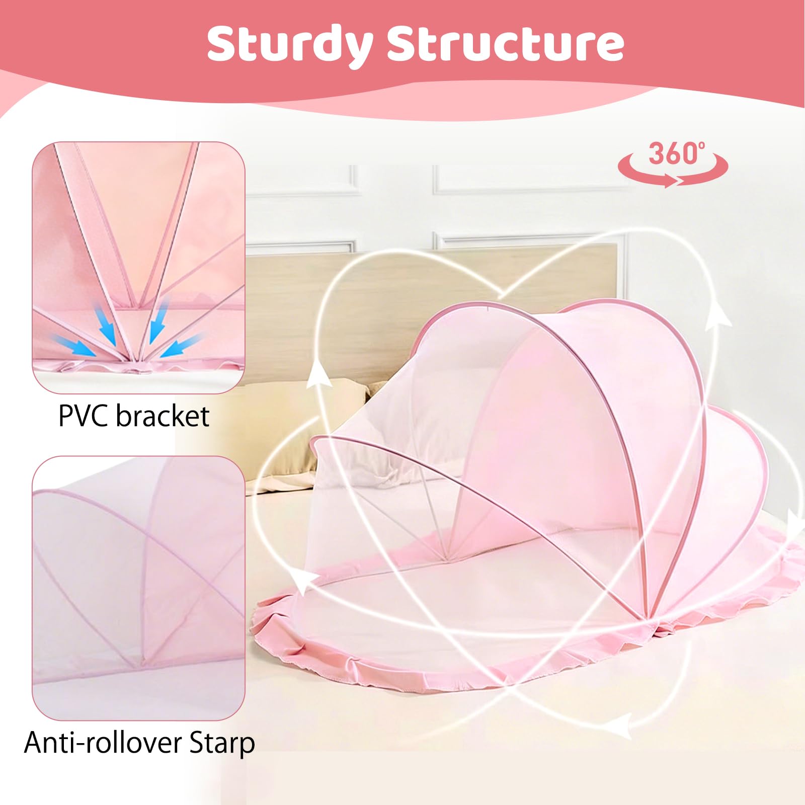 Zanzariera Pop Up 125 × 65 × 60 cm, Semi Ombreggiante, Pieghevole e Portatile, Zanzariera per Culla Neonato, Zanzariera Traspirante per Bambini, Adatta per Letti e Viaggi (Rosa)