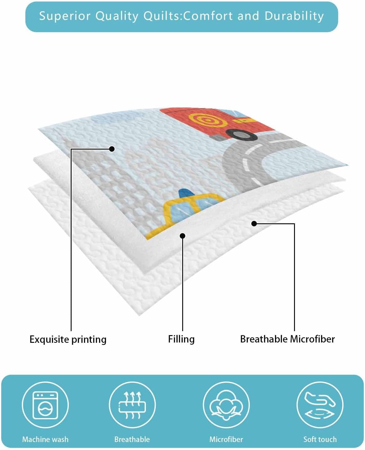Twin Quilt Bedding Set, Blue Childlike Fun Lightweight Summer Quilt 3 Pieces Bedding Sets, Abstract Modern City Car Silhouette Reversible Soft Bedspreads Coverlets with 2 Pillow Shams for All Season