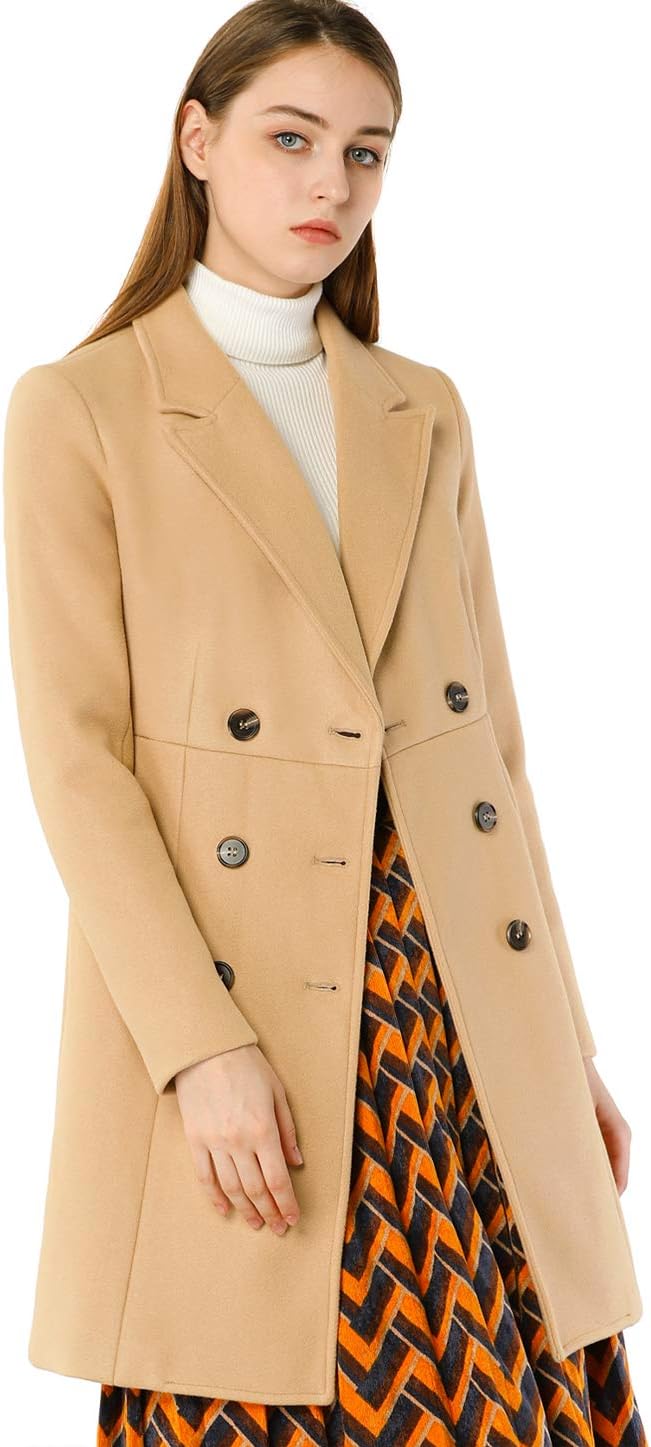 Allegra K Women's Notched Lapel Double Breasted Outwear Winter Long Coat