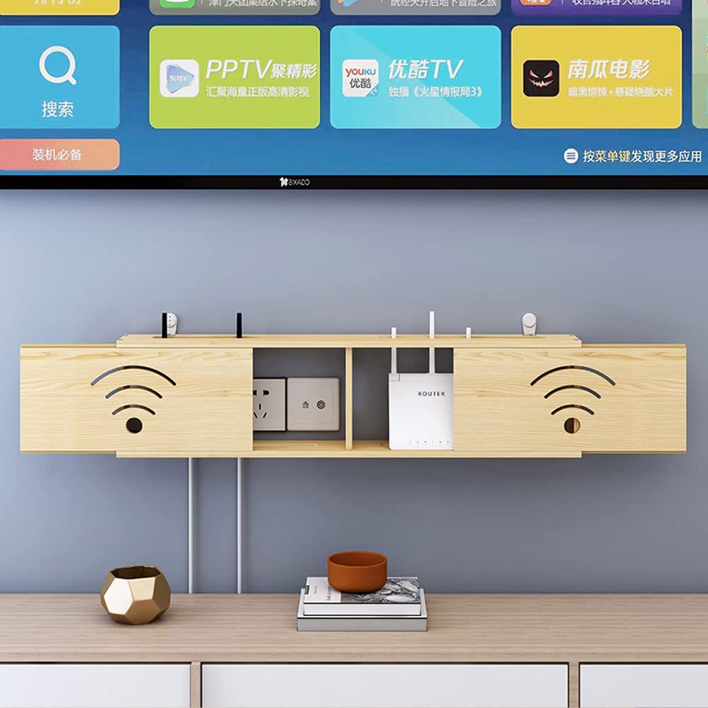 XINBALOVE WiFi Router Aufbewahrungsbox Router Verstecken Wandregal Massivholz Netzteil Licht Cat Plug Row Hub Board Finishing Aufbewahrungsbox- Walnut||40cm