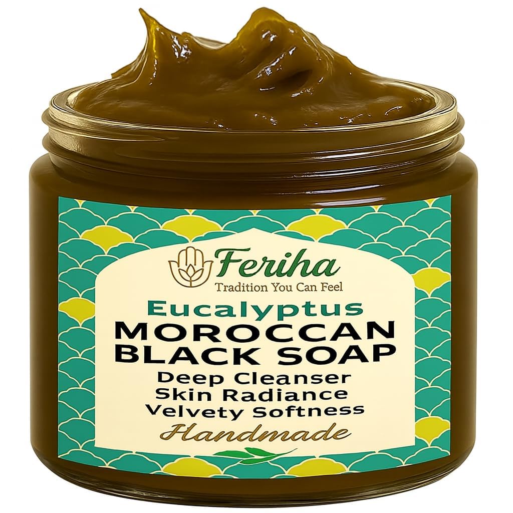 FERIHA Moroccan Black Soap with Eucalyptus – 100% Natural Artisan Beldi Hamma...